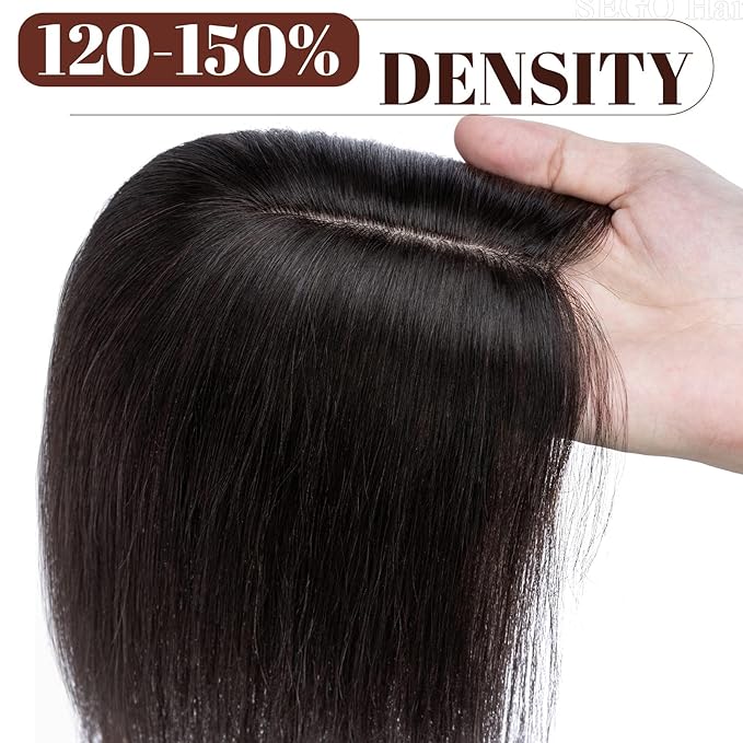 SEGO Human Hair Topper for Women, No Bangs Hair Topper with Anti-Slip Clips (12 Inch#1B Natural black)