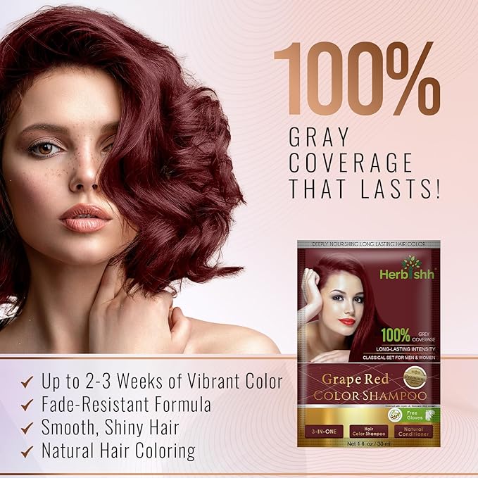 Herbishh Argan Hair Mask Shampoo - Natural Hair Dye for Gray Hair - Long-Lasting Color in Minutes - Travel Size - Ammonia-Free - 10+1 Pack (Grape Red)