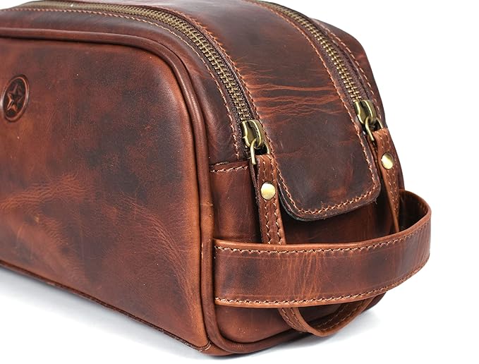 10" Premium Leather Toiletry Travel Pouch With Waterproof Lining Black Color | King-Size Handcrafted Vintage Shaving Kit By Aaron Leather Goods