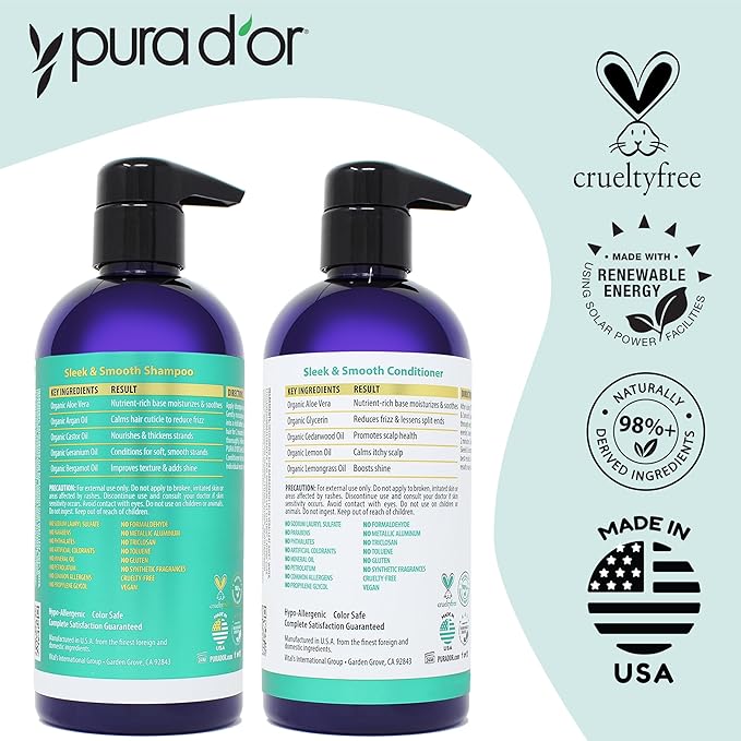 PURA D'OR Sleek & Smooth Shampoo and Conditioner Set For Frizz-Free & Silky Smooth Hair, Infused with Organic Aloe Vera, Argan Oil, Castor Oil, Bergamot Oil & Geranium Oil