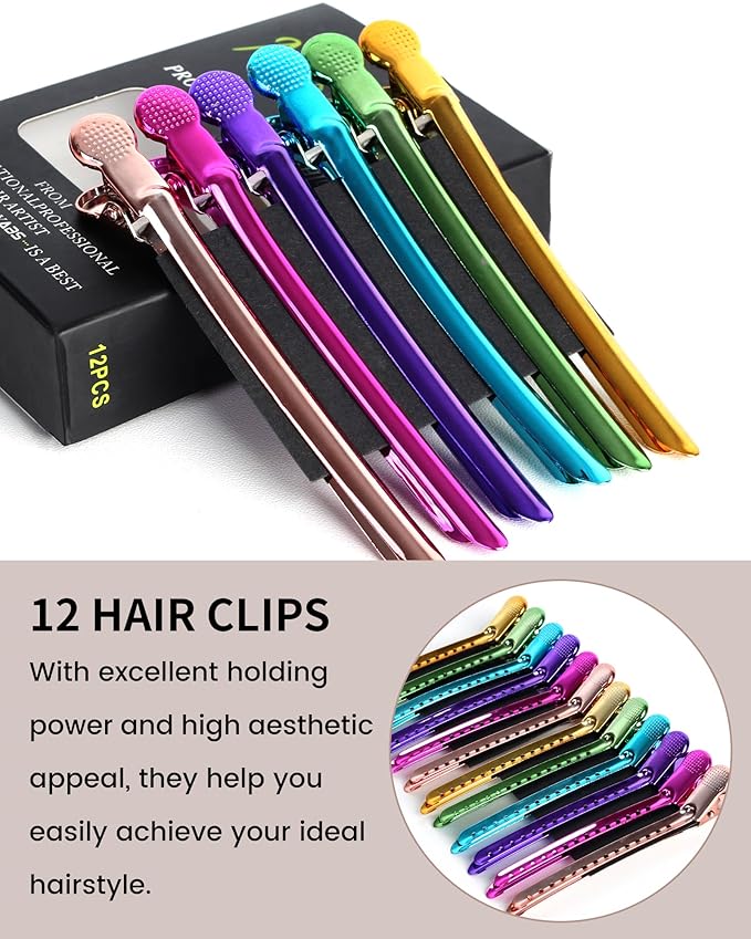 Professional Hair Clips for Styling Sectioning 12 pcs Anti-Slip No-Trace Duck Billed Hair Clips Rustproof Metal Alligator Curl Clips for Salon & Makeup,Mix color