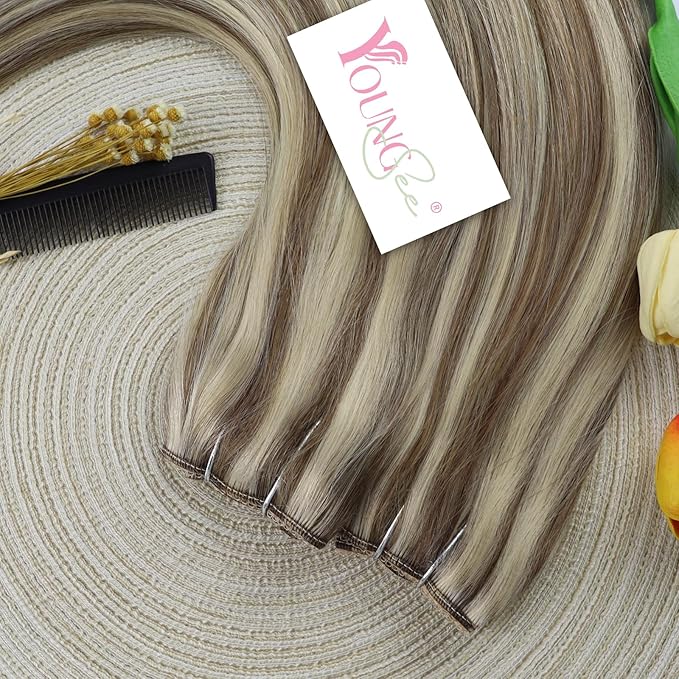YoungSee 130G Wire Hair Extensions Real Human Hair Brown Highlight Blonde Wire Human Hair Extensions Highlights Brown to Blonde Invisible Couture Hair Extension for Natural Look 22Inch