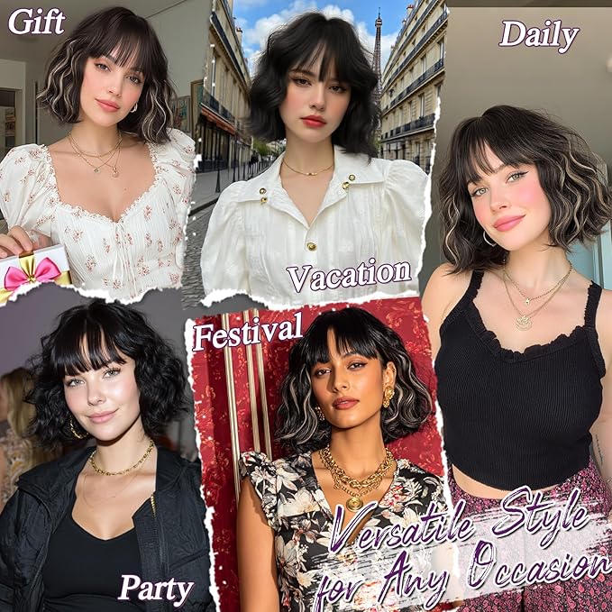 BARSDAR Dark Brown Short Wavy Wig with Bangs - Short Curly Dark Brown Wigs for Women - Wavy Textured French Bob Wig with Bangs Soft Synthetic Natural Looking Face-Framing Daily
