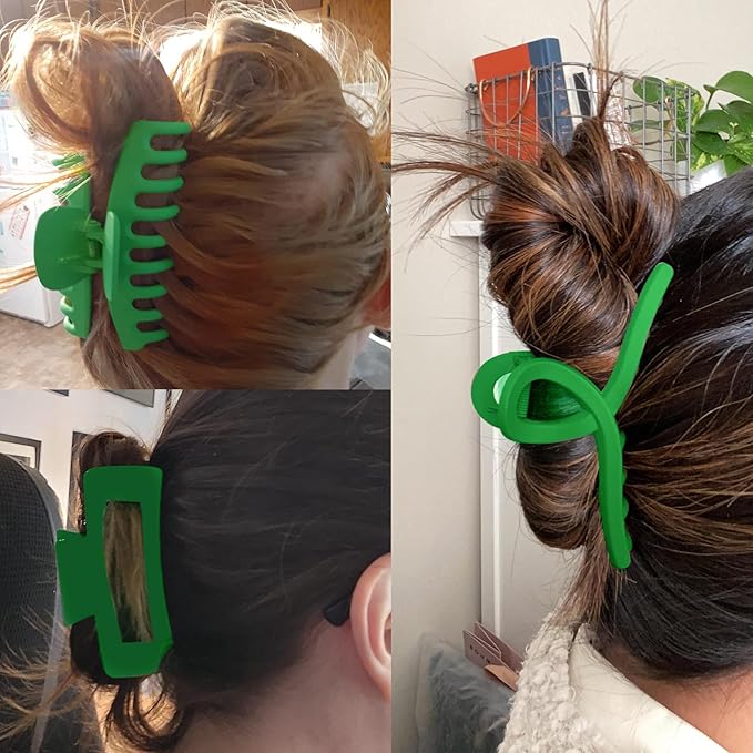 Solid Green Large Hair Claw Clips for Thick/Fine/Thin Hair,Strong holding teeth interlocking Women Jaw Clips for Hair 3 Count In set green hair clips for patrick's day (Green)
