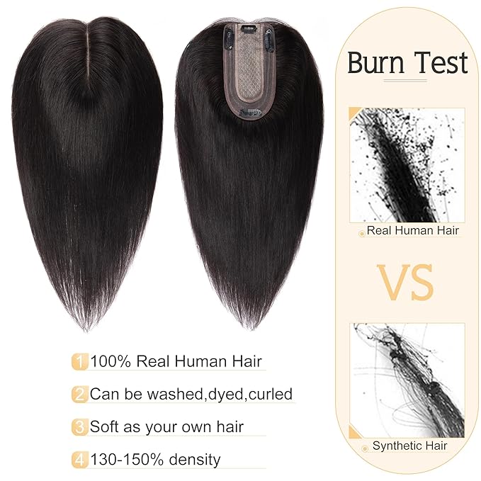 SEGO Human Hair Toppers for Women With Thinning Hair, 7 * 13CM Silk Base 100% Real Human Hair Clip in Top Wiglet Hairpieces /14 Inch No Bangs Natural Black