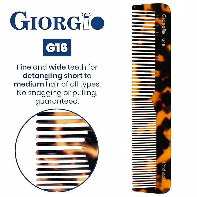 Giorgio G16 Fine Tooth and Wide Tooth Detangler Comb - Hair Comb for Men and for Women - Ideal as a Hair Styling Barber Comb and Detangler - Saw Cut and Handmade (Yellow Tokyo)