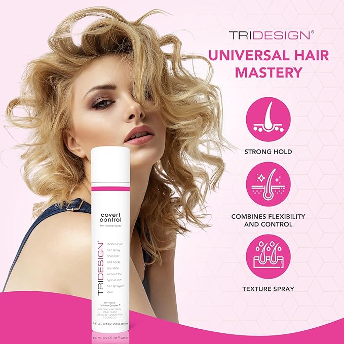 TRI Design Covert Control - Fast-Drying Hairspray for Women and Men, Strong Hold and Hair Setting, Provides Hidden Control, 10.5 Oz