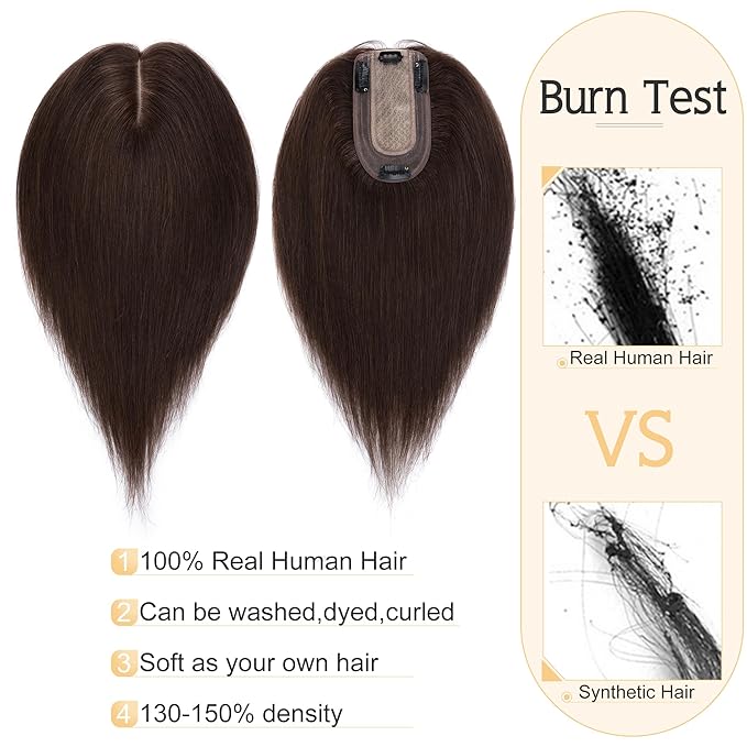 SEGO Human Hair Toppers for Women With Thinning Hair, 7 * 13CM Silk Base 100% Real Human Hair Clip in Top Wiglet Hairpieces -6 Inch No Bangs Dark Brown