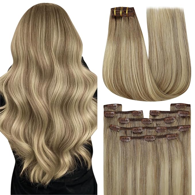 YoungSee Clip in Hair Extensions Balayage Light Brown Mix Platinum Blonde Clip in Extensions Real Human Hair Light Brown Soft Remy Hair Clip ins Extensions 120G 18Inch 7Pcs