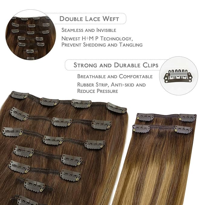 WENNALIFE Clip in Hair Extensions, 150g 14 Inch 9pcs Balayage Chocolate Brown to Caramel Blonde Remy Hair Thicker Double Weft Extensiones De Cabello Humano Con Clip Ins Straight Full Volume