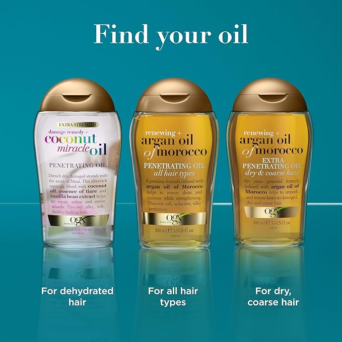 OGX Renewing + Argan Oil of Morocco, Cold-Pressed Argan Oil for Hair Penetrating Treatment & Shine, Moisturizing & Strengthening Silky Oil for All Hair Types, Paraben & Sulfate Free, 3.3 fl oz