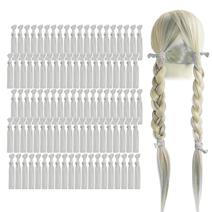 MEEDEE 100 Pack Silver No-Crease Soft Ribbon Knotted Ouchless Hair Ties for Women, Yoga, and Ponytails - Elastic Bracelets