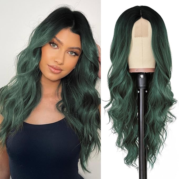 NAYOO Long Ombre Green Wavy Wig for Women 26 Inch Middle Part Curly Wavy Wig Natural Looking Synthetic Heat Resistant Fiber for Daily Use (Ombre Green)
