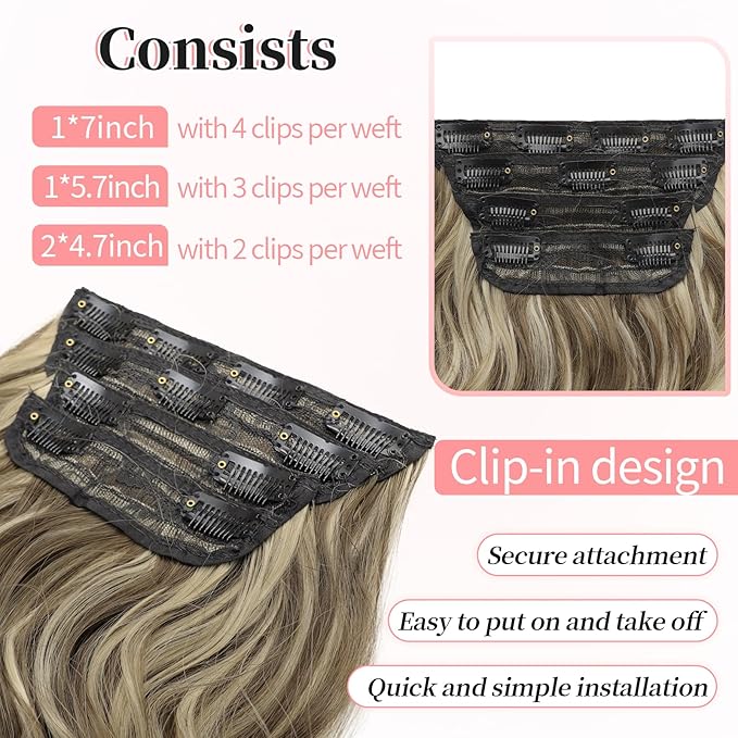 KooKaStyle Clip in Synthetic Highlight Hair Extensions Long Wavy 4PCS Thick Hairpieces Medium Brown Ash Blonde Fiber Double Weft Natural Hair Extensions 20 Inch for Women