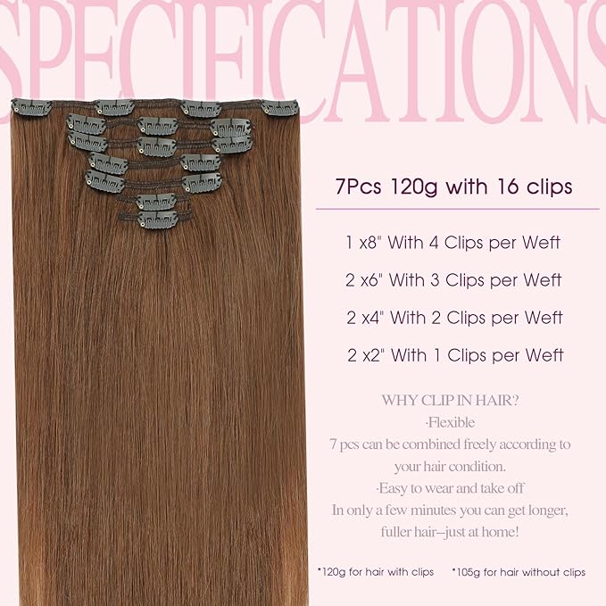 PINKPEARL Clip in Hair Extensions Real Human Hair, Remy Human Hair Extensions Clip ins for Women, Natural Human Hair, 18inch 120g 7Pcs, #33 Auburn(#33-18)