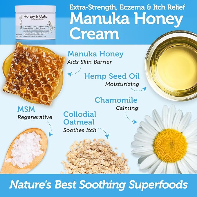 Eczema Cream with Manuka Honey & Colloidal Oatmeal – Extra Strength Anti Itch Cream for Dry, Sensitive Skin – Dermatitis & Itchy Skin Relief Moisturizer for Adults & Kids– Steroid Free Face & Body Use