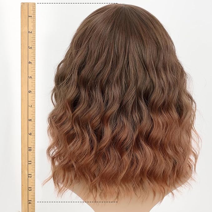 AISI HAIR Synthetic Wavy Curly Bob Wig with Bangs Ombre Brown to Auburn Brown Wig Short Hair for Women Synthetic Heat Resistant Bob Wigs