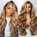 210% Density 13x6 Highlight Ombre Full Lace Frontal Wigs Human Hair 12A Body Wave Brazilian Human Hair Pre Plucked 4/27 Honey Blonde HD Glueless Transparent Lace with Baby Hair 18 Inch