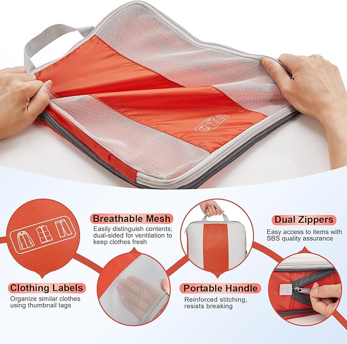 10 Set Compression Packing Cubes for Travel Essentials,Compressible Expandable Packing Cubes for Suitcase,OlarHike Luggage Organizer Bags for Travel,Handy Helper for Organizing Clothes(Orange)