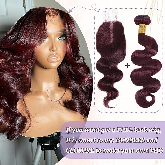 2x6 HD Lace Closure Human Hair Body Wave 99J Burgundy Dark Red Wine Color Transparent Lace Closure 2x6 Long Deep Middle Part 100% Raw Virgin Human Hair 20 Inch 150% Density