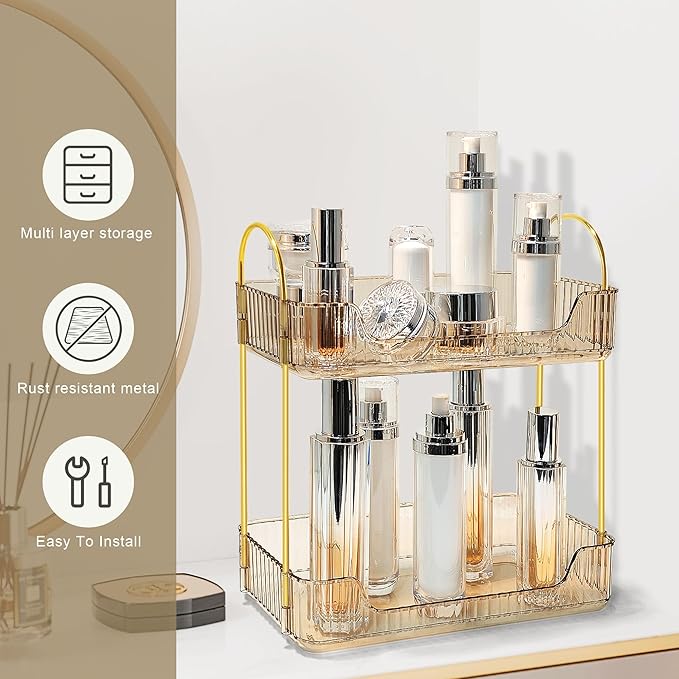 Bathroom Counter Organizer Countertop Storage Skincare Countertop Makeup Organizer Cosmetics Skincare Organizers Holder for Perfume-Amber-golden pole