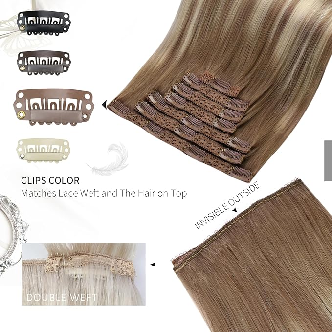 Moresoo Clip in Hair Extensions Balayage Double Weft Real Human Hair Extensions Clip ins Light Brown Mixed with Golden Blonde Full Head 7Pieces 120Grams 20inch