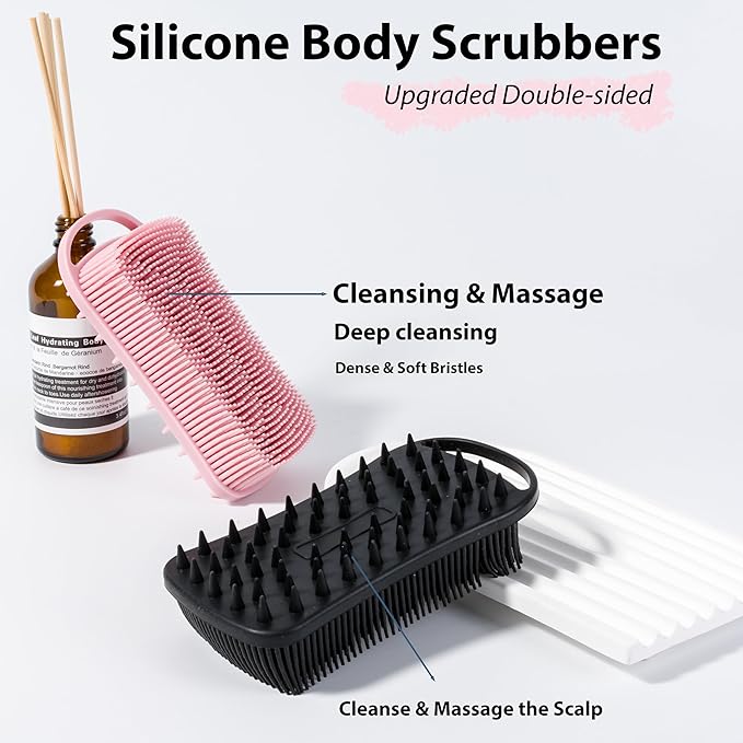 2 PC Silicone Body Scrubber, 2 in 1 Exfoliating Shower Bath Scrubber, Soft Silicone Loofah for Sensitive Skin, Shower Hair Scalp Massager, Easy to Clean, Lather Well (Black&Pink)