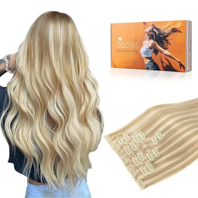 DOORES Human Hair Extensions Seamless Clip in, Dark Blonde Highlighted Bleach Blonde 24 Inch 160g 7pcs, Invisi Edge Hair Extensions Straight Remy Weft