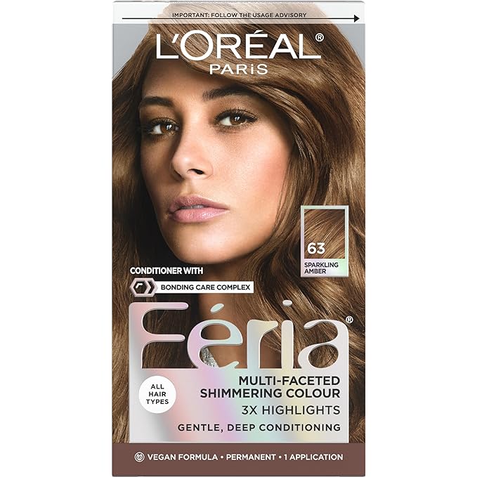 L'Oreal Paris Feria Multi-Faceted Shimmering Permanent Hair Color, 63 Sparkling Amber (Light Golden Brown), Pack of 1 Hair Dye Kit