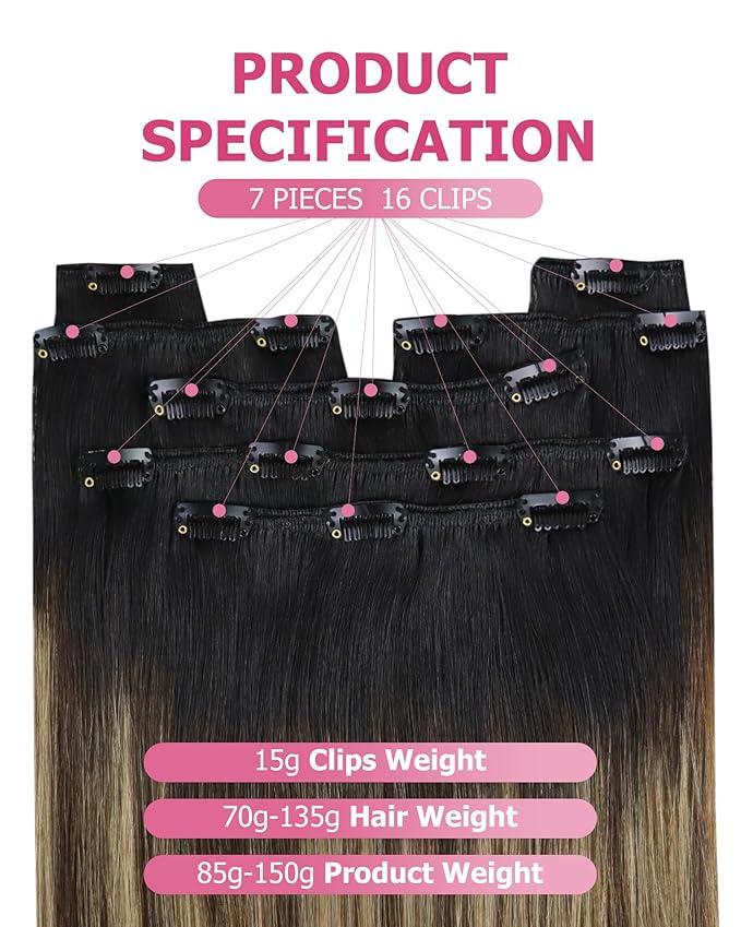 YoungSee 135G Clip in Human Hair Extensions Black Ombre Hair Extensions Clip ins Balayage Black Roots to Brown with Caramel Blonde Clip on Hair Extension Real Human Hair 18In 7Pcs