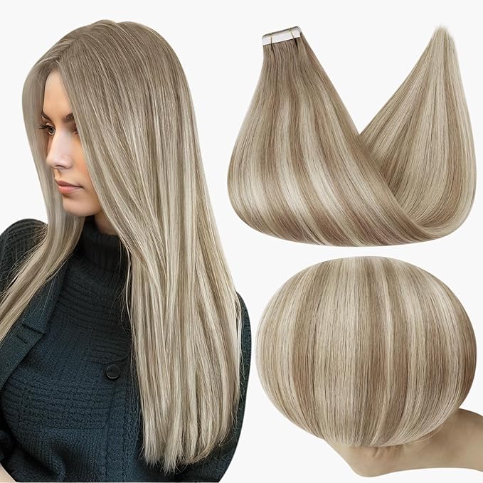 Full Shine Tape in Hair Extensions Human Hair Color 19/8/60 Grey Fading to Ash Brown And Blonde Double Sided Tape in Human Hair Extensions 12 Inch Skin Weft Tape in Extensions 20Pcs 30 Gram