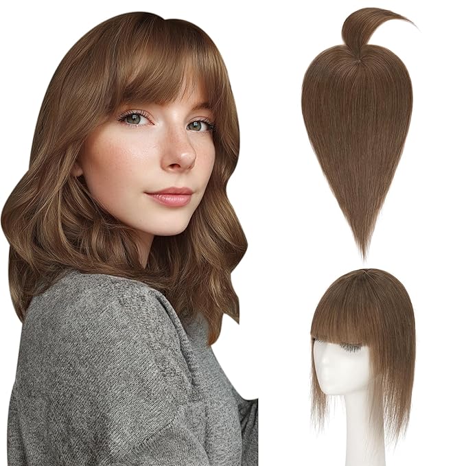 Hairro Mono Hair Toppers with Bangs, 3.4" x 3.4" Mono Base 100% Real Human Hairpieces for Women, 150% Density Clips In Topper for Greyish Thinning Hair, 14 Inch Medium Brown