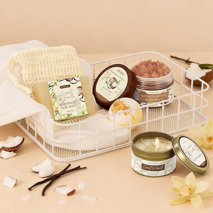 Gifts for Women Happy Birthday Gift Baskets, Bath and Body Gift Set Mothers Day Gifts, Vanilla Coconut Relaxing Home Spa Set Self Care Gift for Mom Sister Her Wife Grandma Girlfriend Friends