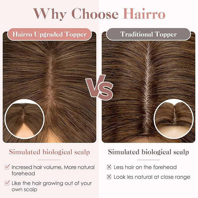 Hairro Human Hair Toppers Free Parted, 3.5x4.7" Base Hand-wovened 100% Real Hairpieces, with Invisible Clips-in for Women, for High Hairline/Adding Volume on Top, 14 Inch Mocha Brown