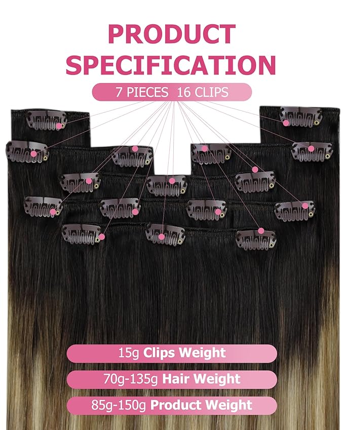 YoungSee 150g Clip in Human Hair Extensions Balayage Clip on Hair Extensions for Women Ombre Human Hair Extension Clip ins Dark Brown Roots to Medium Brown with Blonde Rmey Hair 20in 7pcs