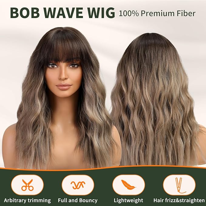Brown Wig with Bangs,Brown Highlight Synthetic Shoulder Length Curly Wavy Wigs for Women Party Daily Use 18IN
