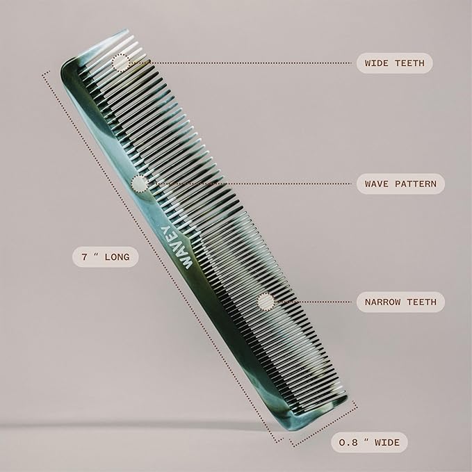 WAVEY Quality Hair Comb for Men and Women, Recycled Ocean Plastic, 7 Inches length perfect for home and travel, Wide and Fine Tooth for thick, thin, wavy, straight and curly hair styling - GREEN