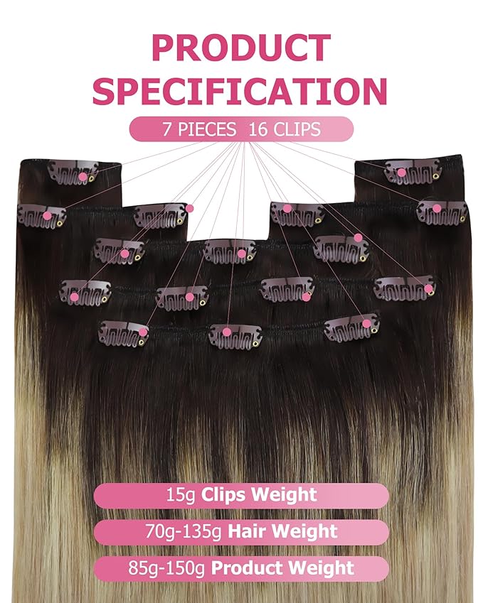 YoungSee Clip in Hair Extensions Human Hair Ombre Real Hair Extensions Clip in Human Hair Medium Brown Ombre Golden Mix Platinum Blonde Balayage Easy to Put on Clip in Hair Extension 7Pcs 24In 120G
