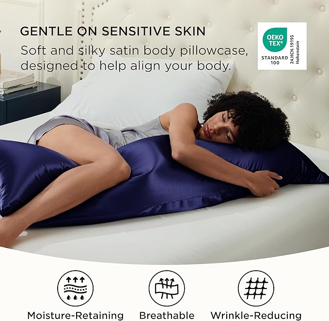 Bedsure Body Pillow Cover 20x54 Inches - Navy Satin Similar to Silk Pillowcase for Hair and Skin, Cooling and Silky Long Body Pillow Pillowcase for Adults with Envelope Closure, Gifts for Women Men