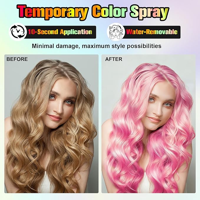 Temporary Hair Color Spray - Instant Washable Hair Dye for Kids & Adults, Non-Toxic & Non-Sticky Formula for Halloween, Cosplay, Parties & Festivals - Lasts All Day, Easy Wash Out - 4.22 fl oz (Pink)