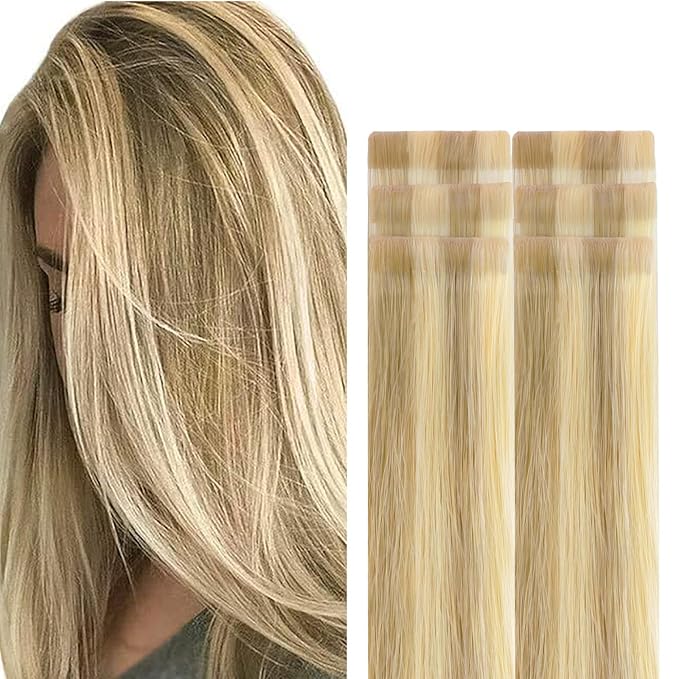 GOO GOO Invisi Edge Tape in Hair Extensions Human Hair, 16/22 Light Blonde Highlighted Golden Blonde, 6pcs 12inch 15g, Virgin Remy Hair, Seamless Injected Tape, Natural Look