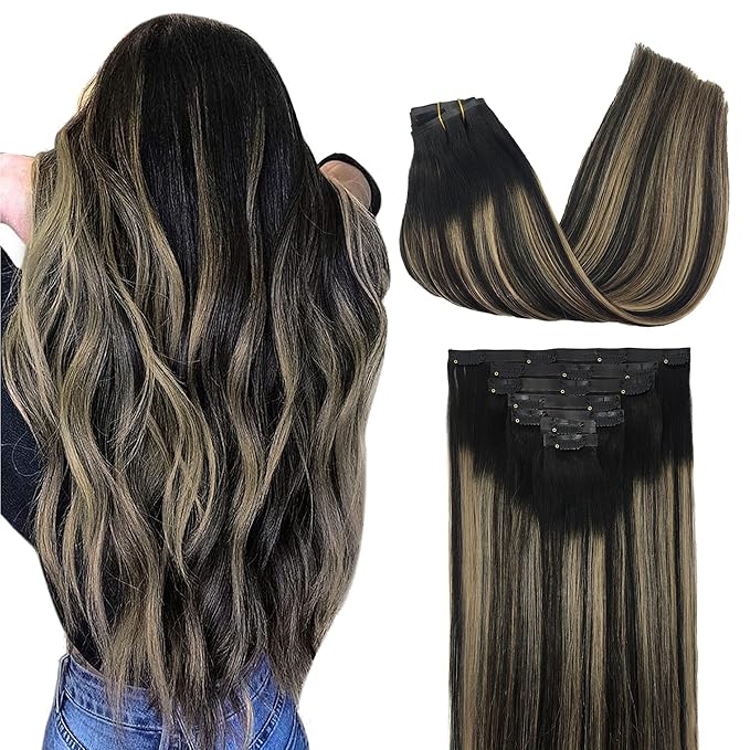 GOO GOO Clip in Hair Extensions Real Human Hair, Remy Human Hair Extensions Clip ins for Women, Natural Human Hair, 22inch 150g 7Pcs, 1B/16/1B Balayage Natural Black to Light Blonde