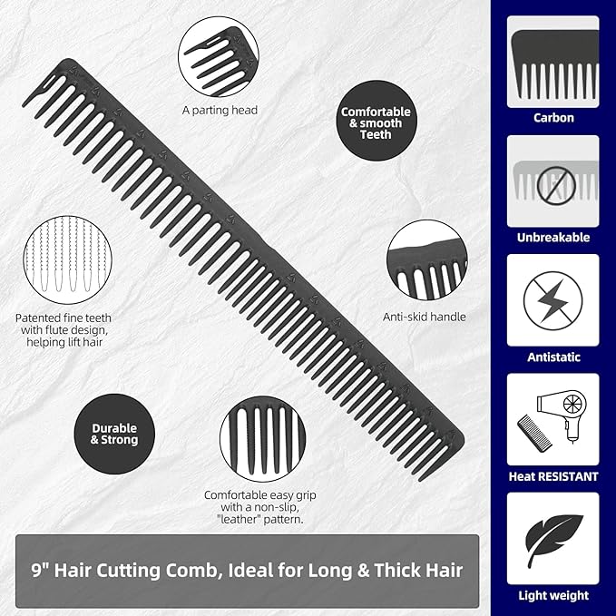 PERFEHAIR 2-Pack Professional Round Tooth Hair Cutting Comb - 9 Inch, Black Carbon Fiber Anti-Static & Heat Resistant, Durable Barber Combs with Fine & Wide Tooth for Precise Haircut for Men & Women