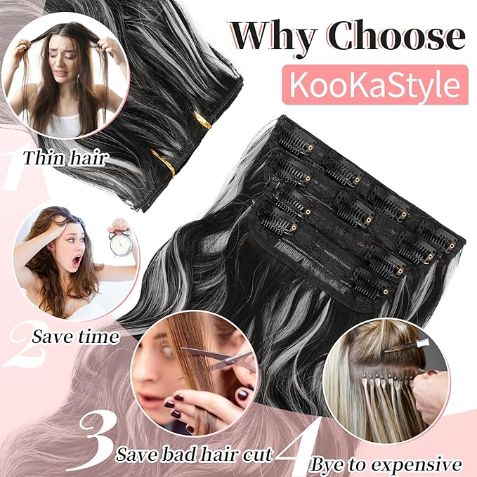 KooKaStyle Clip in Hair Extensions Long Wavy 4PCS Thick Hairpieces Synthetic Highlight Hair Extensions Black and White Mix Fiber Double Weft Natural 20Inch for Women