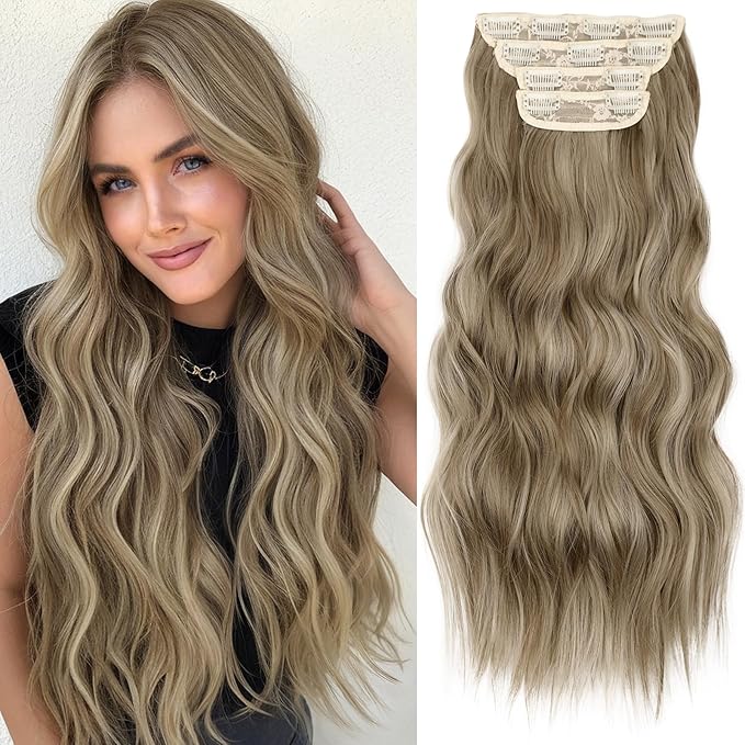 KooKaStyle Hair Extensions Ashy Taupe Blonde Clip in Synthetic Highlight Long Wavy 4PCS Thick Hairpieces for Daily Use 20 Inch for Women