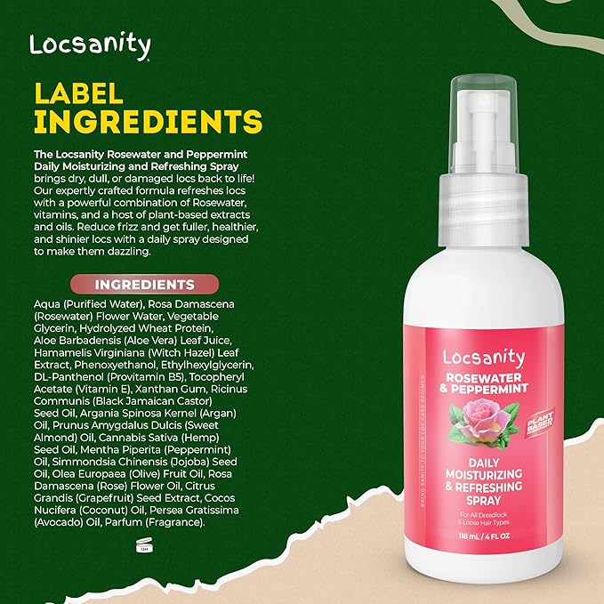 Locsanity Rosewater and Peppermint Daily Moisturizing Spray – Trial Size Hydrating Dreadlock Spray to Nourish the Scalp and Protect Hair From Oil and Buildup (4oz)