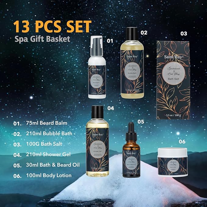 Fathers day gift baskets Birthday Day Gifts for Him Spa Gift Basket for Men, Body Wash, 13pcs Sandalwood Oak Moss Bath and Beard Kit for Men with Beard Brush, Christmas Gifts Spa Kits for Man dad