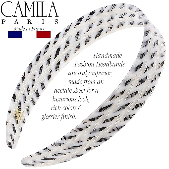 Camila Paris CP3465 French Headband for Women, Handmade White and Gray, Strong Hold Grip Women's Hair Band, Ligth and Very Flexible, No Slip and Durable Styling Girls Hair Accessories, Made in France