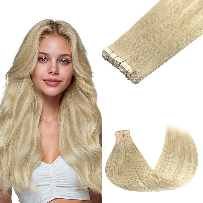 GOO GOO Tape in Hair Extensions Human Hair, 18ET90A Natural Blonde Balayage, 10inch 60g 40pcs, Skin Weft Seamless Invisible, Silky Straight with Thick Ends, Remy Human Hair