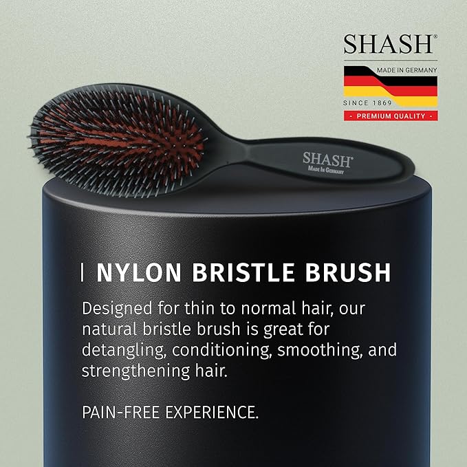 SHASH Since 1869 Hand Made In Germany - Nylon, 100% First Cut Boar Bristle Brush Suitable For Normal to Thick Hair - Gently Detangles, No Pulling or Split Ends - Softens Improves Texture, (Medium)